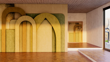 Naklejka premium Large luxury modern bright interiors Living room mockup illustration 3D rendering Digitally Generated Image