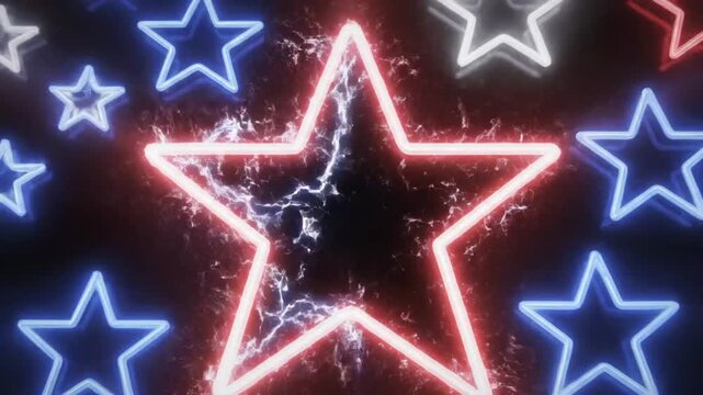 Neon lights show a flag design with stars in bright colors over a dark background during a celebration