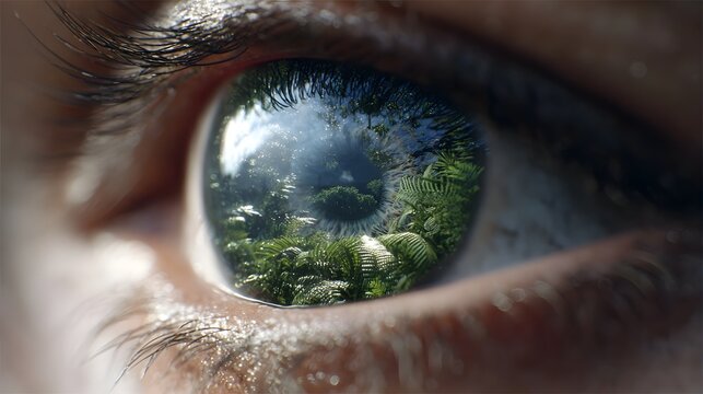 Hyper detailed ro view of a wildlife eye reflecting a scene of deforestation emphasizing cinematic realism and deep shadows