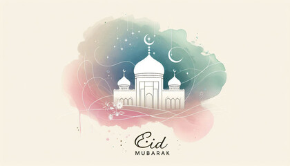 Modern Eid Mubarak Typography with Minimal Mosque Line Illustration Watercolor Backdrop