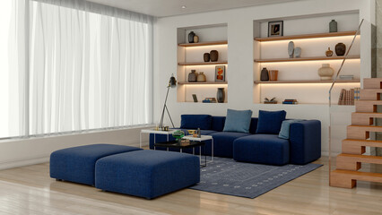 Naklejka premium Large luxury modern bright interiors Living room mockup illustration 3D rendering Digitally Generated Image