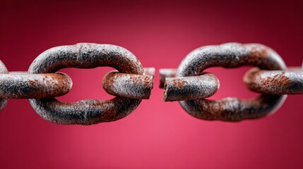 Fototapeta premium A chain is broken in half, with one half hanging off the other. The chain is rusty and worn, and the broken link is visible. Concept of loss and separation, as the chain is no longer whole