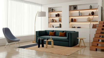 Naklejka premium Large luxury modern bright interiors Living room mockup illustration 3D rendering Digitally Generated Image