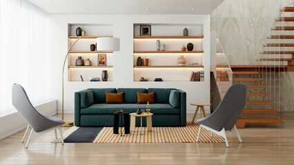 Naklejka premium Large luxury modern bright interiors Living room mockup illustration 3D rendering Digitally Generated Image