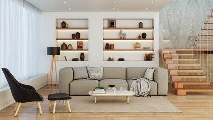 Naklejka premium Large luxury modern bright interiors Living room mockup illustration 3D rendering Digitally Generated Image