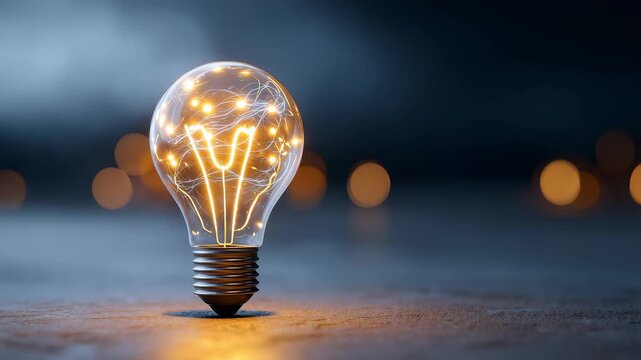 A glowing light bulb stands on a dark surface, symbolizing creativity and innovation in a modern world. The background is blurred with warm bokeh lights, adding depth and inspiration