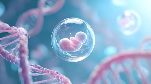 Conceptual representation of human life s genesis showing a developing embryo within a luminous DNA double helix sphere