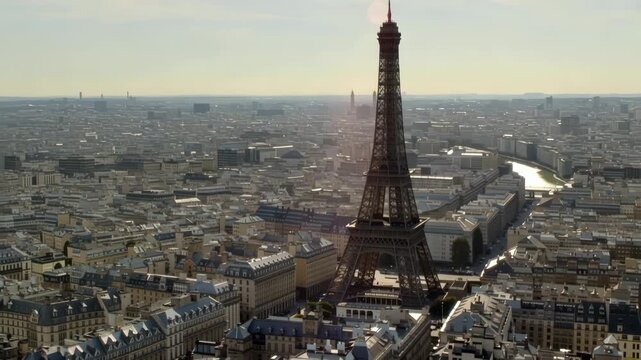 Eiffel tower and paris cityscape aerial perspective capturing landmark architecture and scenic urban vista on a bright and sunny day