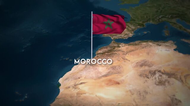 The Flag of Morocco on the World Map, the Morocco flag waving on the 3d map animation 4K