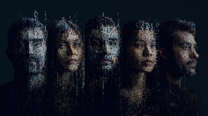Digital Identities: A composite image of individuals with pixelated facial features, exploring the intersection of humanity and technology, hinting at digital transformation and the evolving self.