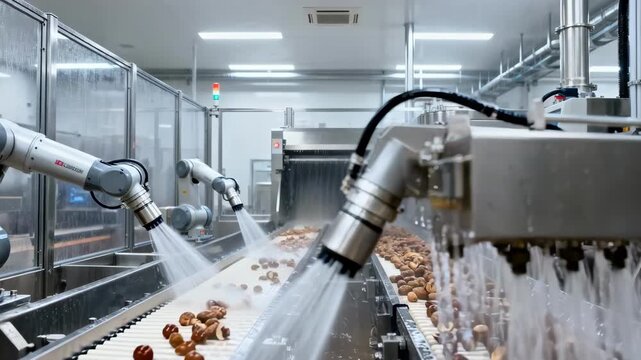 Medium shot of a programmable washdown cycle automating allergen cleaning between nut and nonnut production runs in a sterile industrial environment.