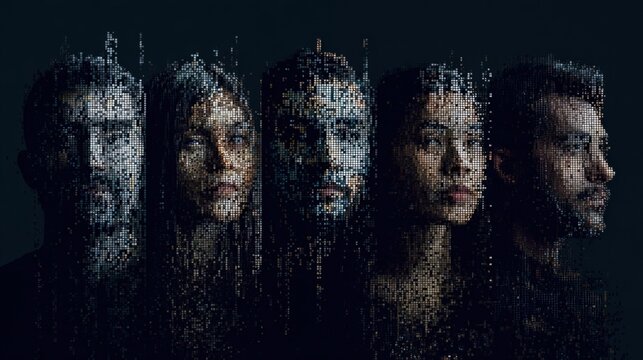 Digital Identities: A composite image of individuals with pixelated facial features, exploring the intersection of humanity and technology, hinting at digital transformation and the evolving self.