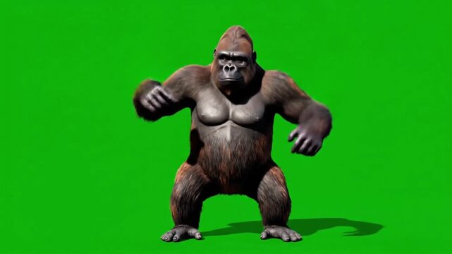 Gorilla stands still in a green background and showcases movements at a studio setting