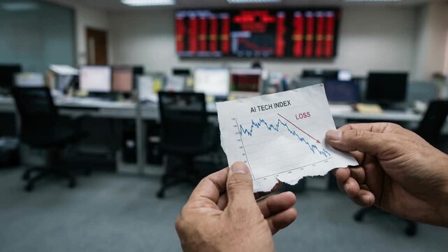 Hands holding torn paper showing AI Tech Index loss graph with falling red arrow in a blurred stock trading office