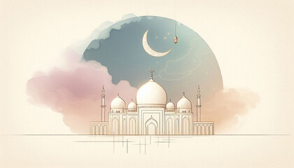 Minimal Line Art Islamic Mosque with Abstract Watercolor Eid Celebration Background