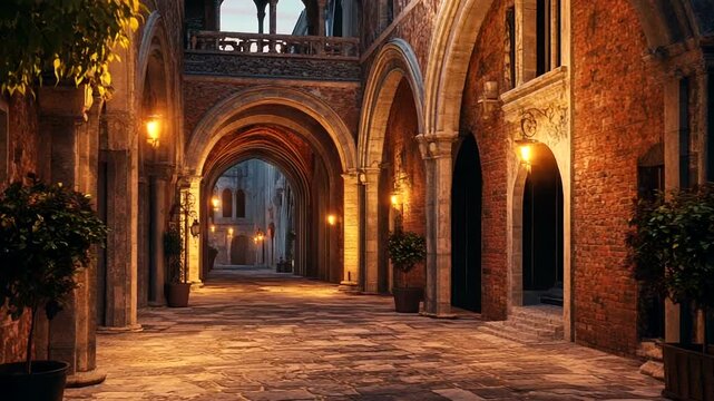 Illuminated European Courtyard at Night with Arches and Stone Pavement.