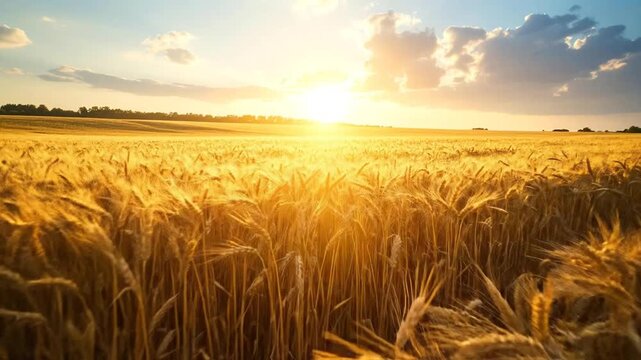 Golden wheat field at sunset, with the sun setting over the horizon, creating a warm and inviting background.