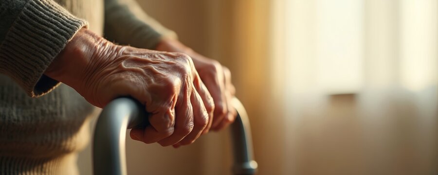 Elderly hands grip walker frame, showing wrinkled skin and weathered texture. Person uses mobility aid indoors, with soft light. Symbolizes aging, support, and strength in later life.