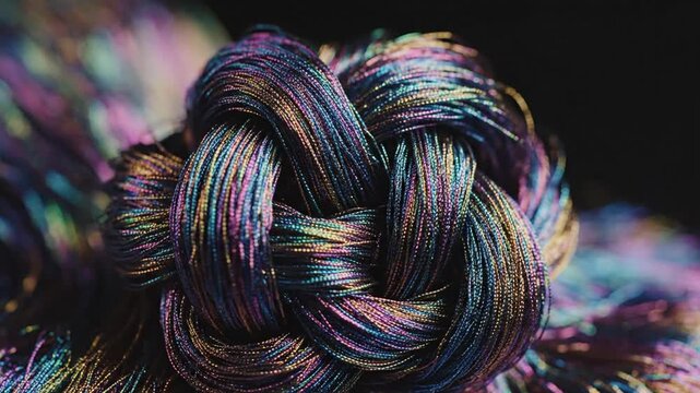 A close-up of a multicolored yarn knot on a dark background, possibly for textile or crafting use