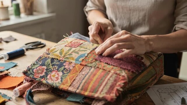 Medium shot capturing the stitching process of upholstery offcut handbags emphasizing vibrant patterns and upcycled fabric use in a creative studio environment.