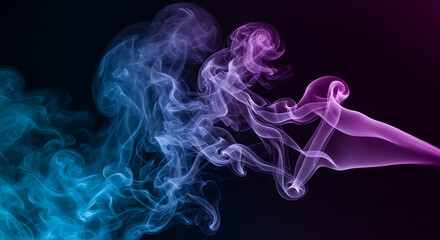 Fototapeta premium Flowing ethereal wisps of blue and purple smoke curl and twist gracefully against a dark background