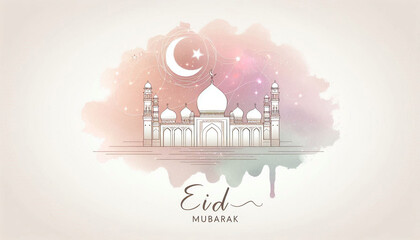 Simple Mosque Outline Illustration with Soft Watercolor Eid Mubarak Greeting Card