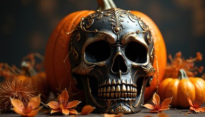 Ornate skull sits before pumpkins and autumn leaves. Spooky Halloween theme with dark, gothic elements. Festive fall decor for frightful celebrations and haunted holiday settings.