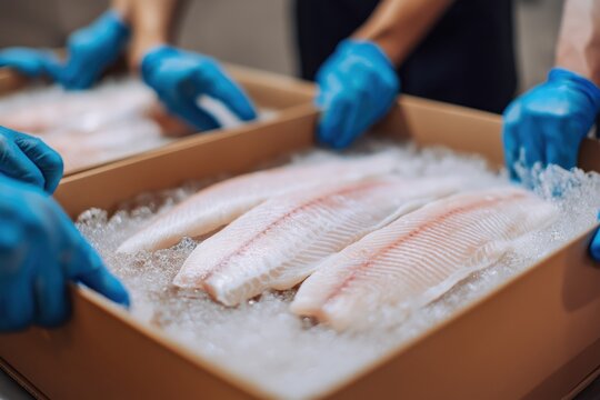 Frozen food delivery shipping fish fillet package in foam box