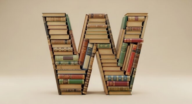 Decorative letter 'W' formed by antique books, creating a unique and vintage alphabet for literary or library themes.