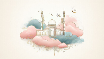 Simple Mosque Outline Illustration with Soft Watercolor Eid Mubarak Greeting Card