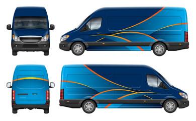 Delivery cargo van wrap vector mockup view from side, front, rear. Perfect for vehicle branding, corporate identity and design concepts. All elements in the groups are in separate layers © Yuri Schmidt