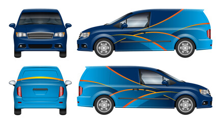 Fototapeta premium Delivery minivan wrap vector mockup shown from side, front, rear view. Perfect for corporate identity, vehicle branding and design concepts. All elements in the groups are in separate layers