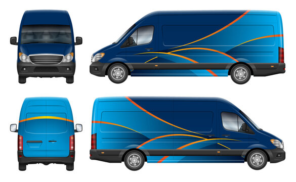 Delivery cargo van wrap vector mockup view from side, front, rear. Perfect for vehicle branding, corporate identity and design concepts. All elements in the groups are in separate layers