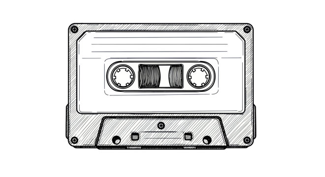 Retro cassette tape drawing, vintage audio recording, nostalgia, analog music