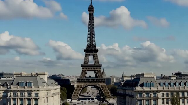 Majestic eiffel tower in paris under a beautiful sky with clouds,iconic french landmark scenery and parisian architecture with blue sky