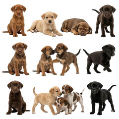 Fototapeta premium 可愛い子犬のコレクション, 白背景に孤立した様々な犬種の12匹の子犬セット, ラブラドールやレトリバーのミックス犬のポーズ集, ペットショップや動物病院の広告用素材