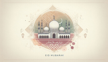 Contemporary Eid Mubarak Minimal Mosque Illustration with Soft Artistic Watercolor Texture