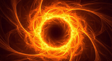 Fototapeta premium abstract fiery vortex portal orange and yellow energy swirling into a dark void representing cosmic power and mystery.