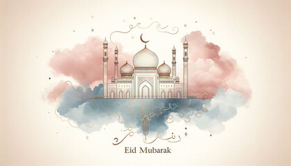 Modern Minimal Mosque Line Drawing with Soft Watercolor Eid Islamic Background