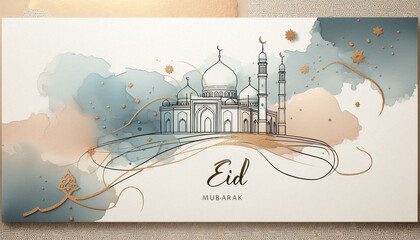 Elegant Eid Mubarak Mosque Outline Illustration with Pastel Watercolor Islamic Design
