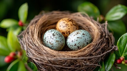 Fototapeta premium A nest with three eggs in it, one of which is blue. The nest is made of twigs and leaves