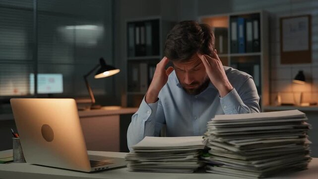 Overworked man stressed at office desk with documents and laptop at night