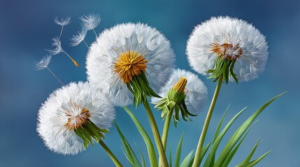Obraz premium A bouquet of white flowers with yellow centers and green stems. The flowers are in full bloom and are surrounded by a blue sky. Concept of freshness and beauty, as well as the fleeting nature of life