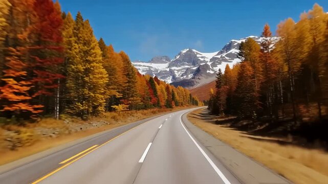 Scenic drive on mountain road during autumn season through golden forests with snowcapped peaks and clear blue sky