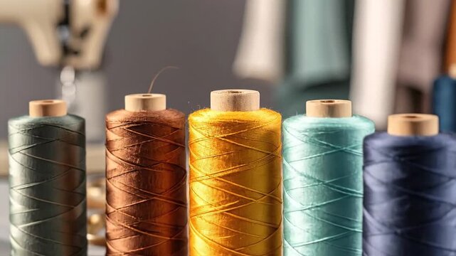 Colorful spools of thread and sewing tools arranged on a table, ready for crafting and design.