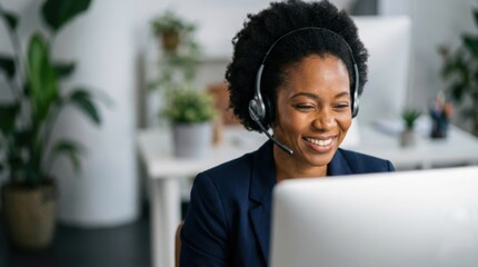 Smiling Professional Woman Wearing Headset While Working at Computer in Bright Modern Office Environment