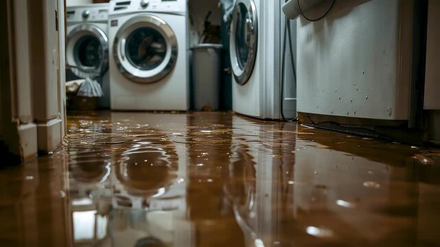 Flooded laundry room with washing machines and water covering wooden floor after household leak incident