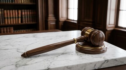 Elegant Wooden Gavel on Marble Table in Historic Courtroom with Bookshelves in Background