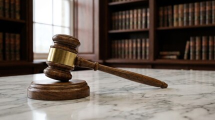 Elegant Wooden Gavel on Marble Surface in Law Office with Bookshelf Background Showcasing Legal Literature