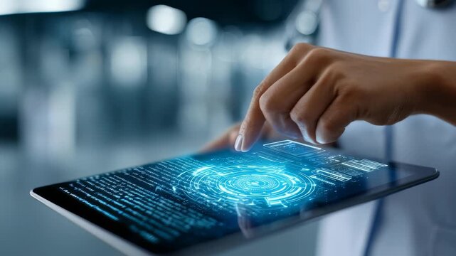 A medical professional interacts with a futuristic digital interface on a tablet, showcasing advanced healthcare technology. Innovation and connectivity define the modern medical experience